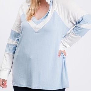 Plus Size Contrast Hooded Long Sleeve Top - Blue